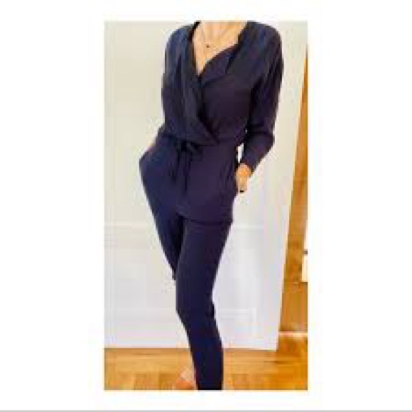 Madewell XS Jumpsuit Medium Navy Blue Viscose Wrap Drawstring 3/4 Sleeve cool - Picture 10 of 10